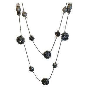 Vintage Y2K Silver Tone & Gray Glitter & Rhinestone Layered Station Necklace 16"